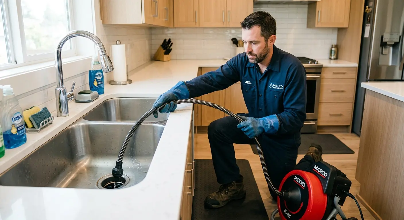 Drain cleaning technician using a motorized snake on a kitchen sink in Whitefish Bay