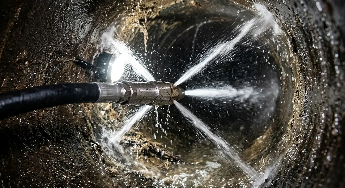 High-pressure hydro jetting nozzle cleaning sewer pipe for Sewer Line Relining in Whitefish Bay