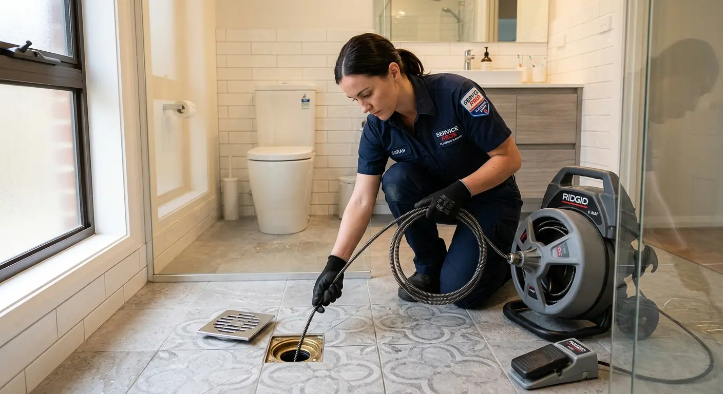 Technician clearing a bathroom floor drain for Drain Repair in Whitefish Bay